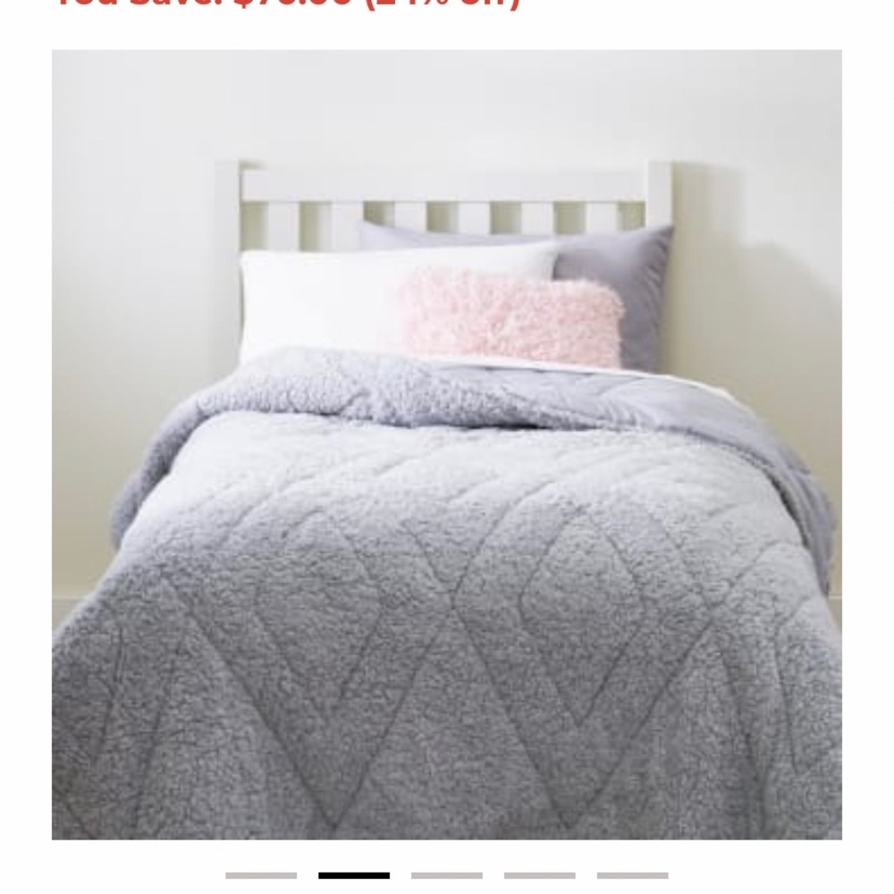 brand new gray comforter and thin gray blanket. along with pink fuzzy pillow.